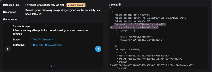 Clicking in the alert further, we find the command line for this alert is net group "Enterprise Admins" /dom.